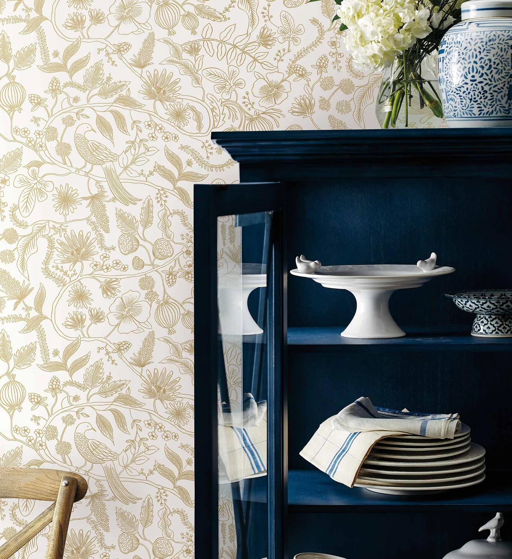 Aviary Peel & Stick Wallpaper - Metallic Gold & Cream - Image 2