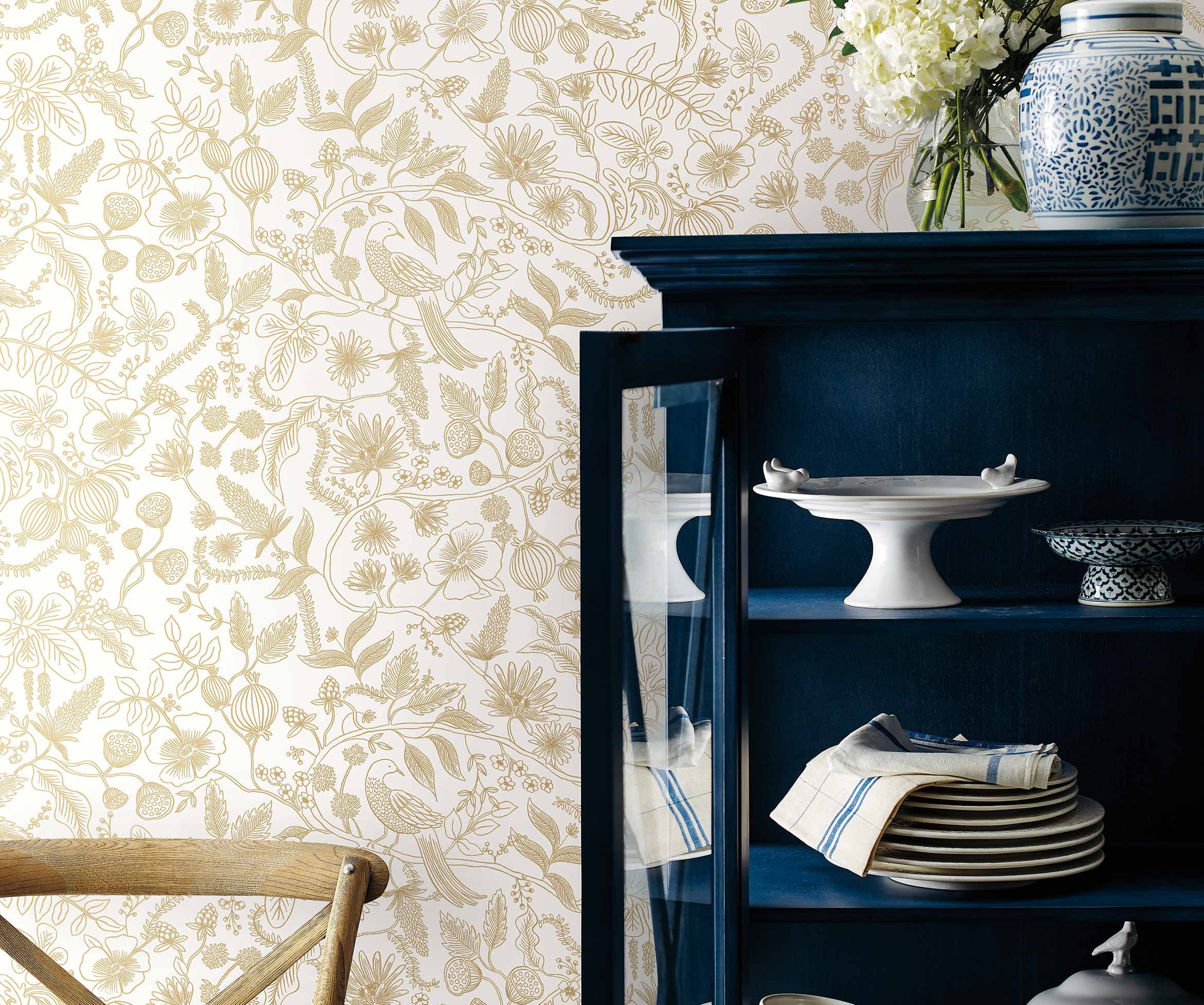 Aviary Peel & Stick Wallpaper Sample - Metallic Gold & Cream - Image 2