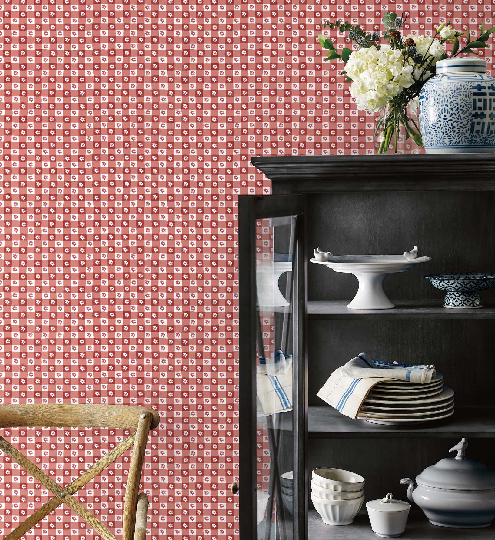Daisy Gingham Peel & Stick Wallpaper - Red - Image 2