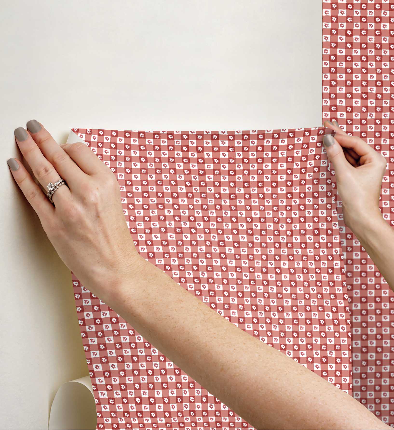 Daisy Gingham Peel & Stick Wallpaper - Red - Image 3