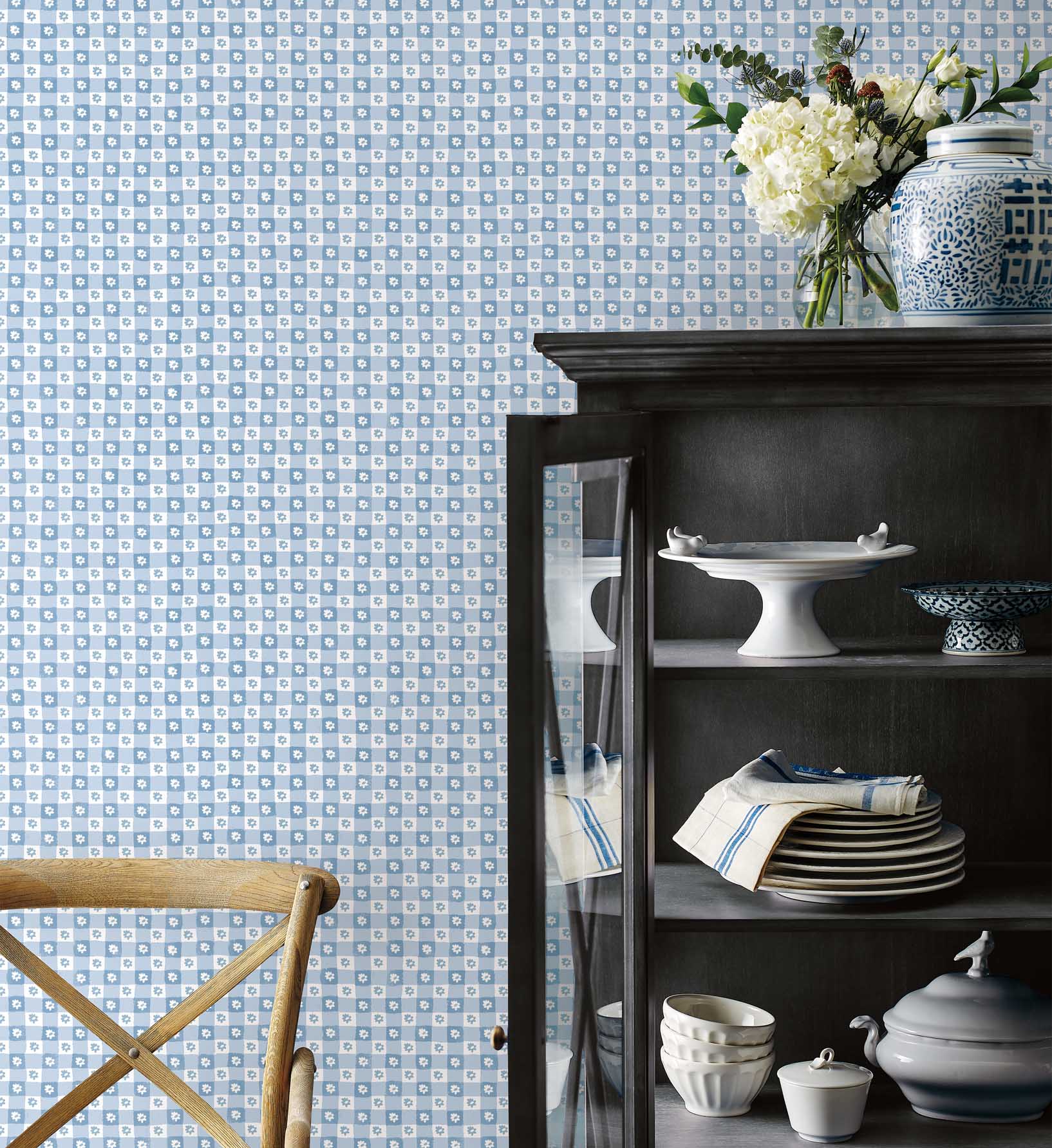 Daisy Gingham Peel & Stick Wallpaper Sample - Blue - Image 2