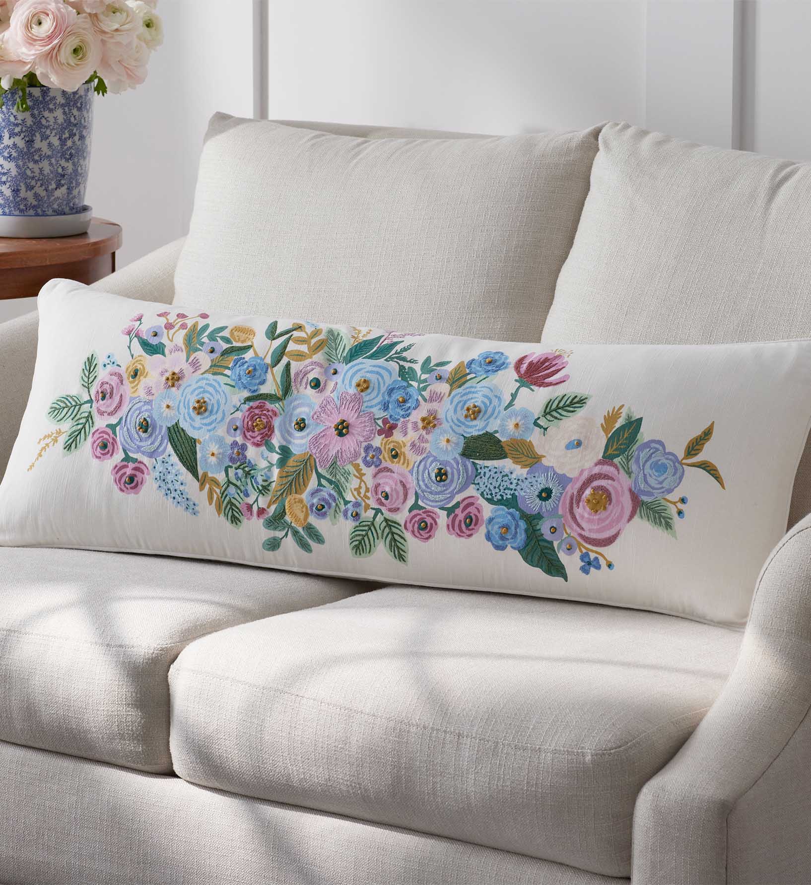 Embroidered Lumbar Pillow Cover - Garden Party Ivory - Image 2