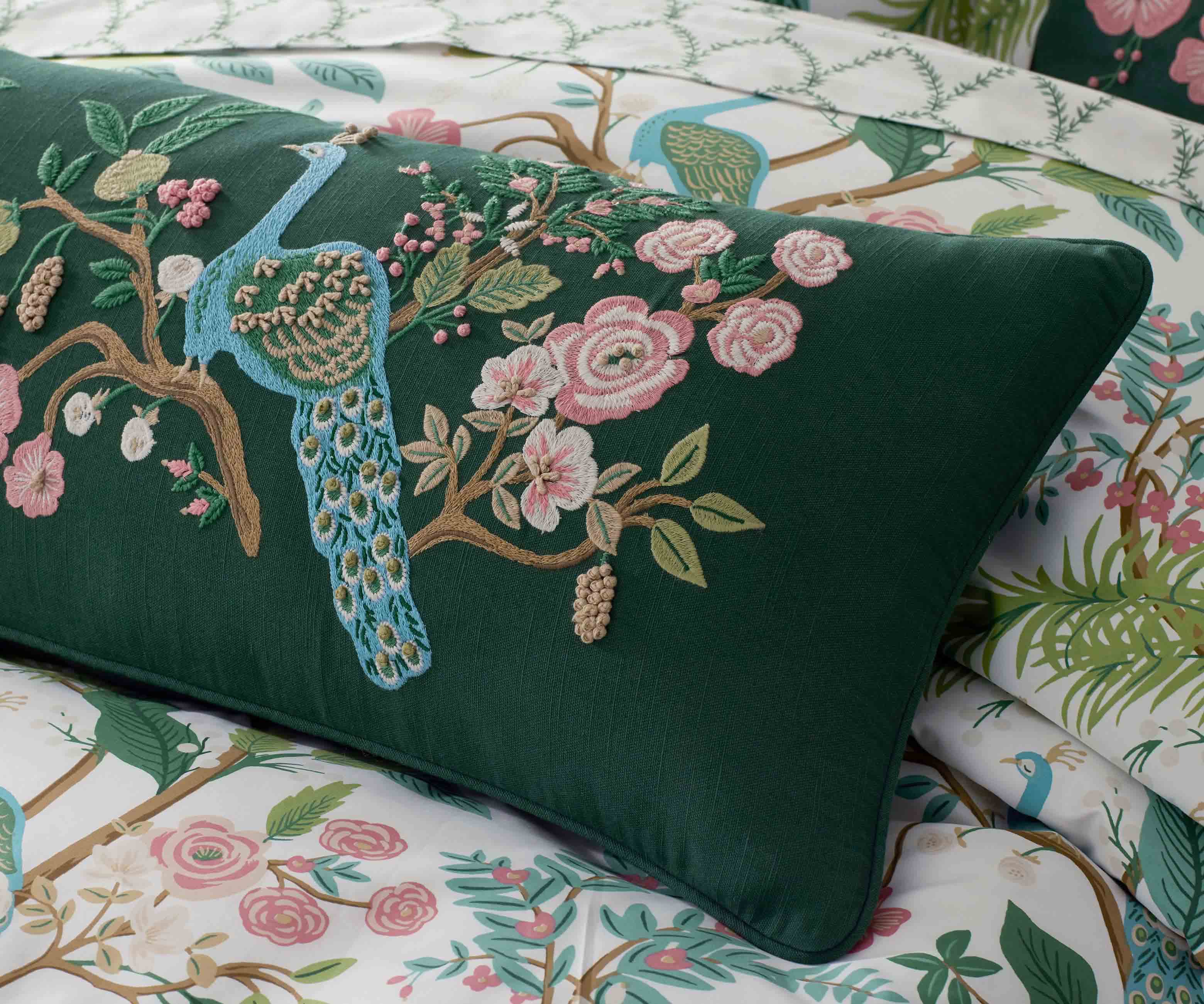 Embroidered Lumbar Pillow Cover - Peacock Emerald - Image 4