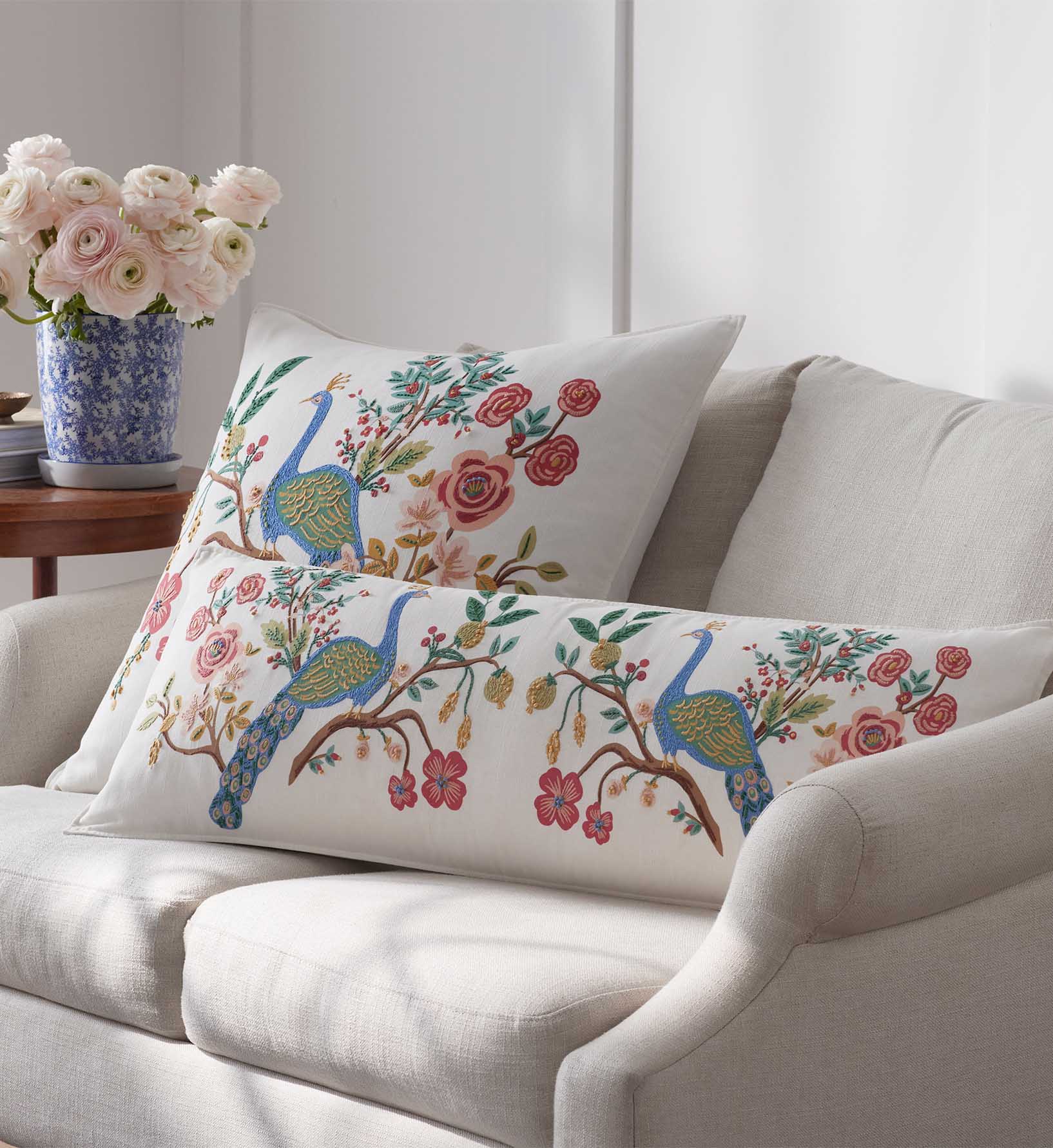 Embroidered Lumbar Pillow Cover - Peacock Ivory - Image 6