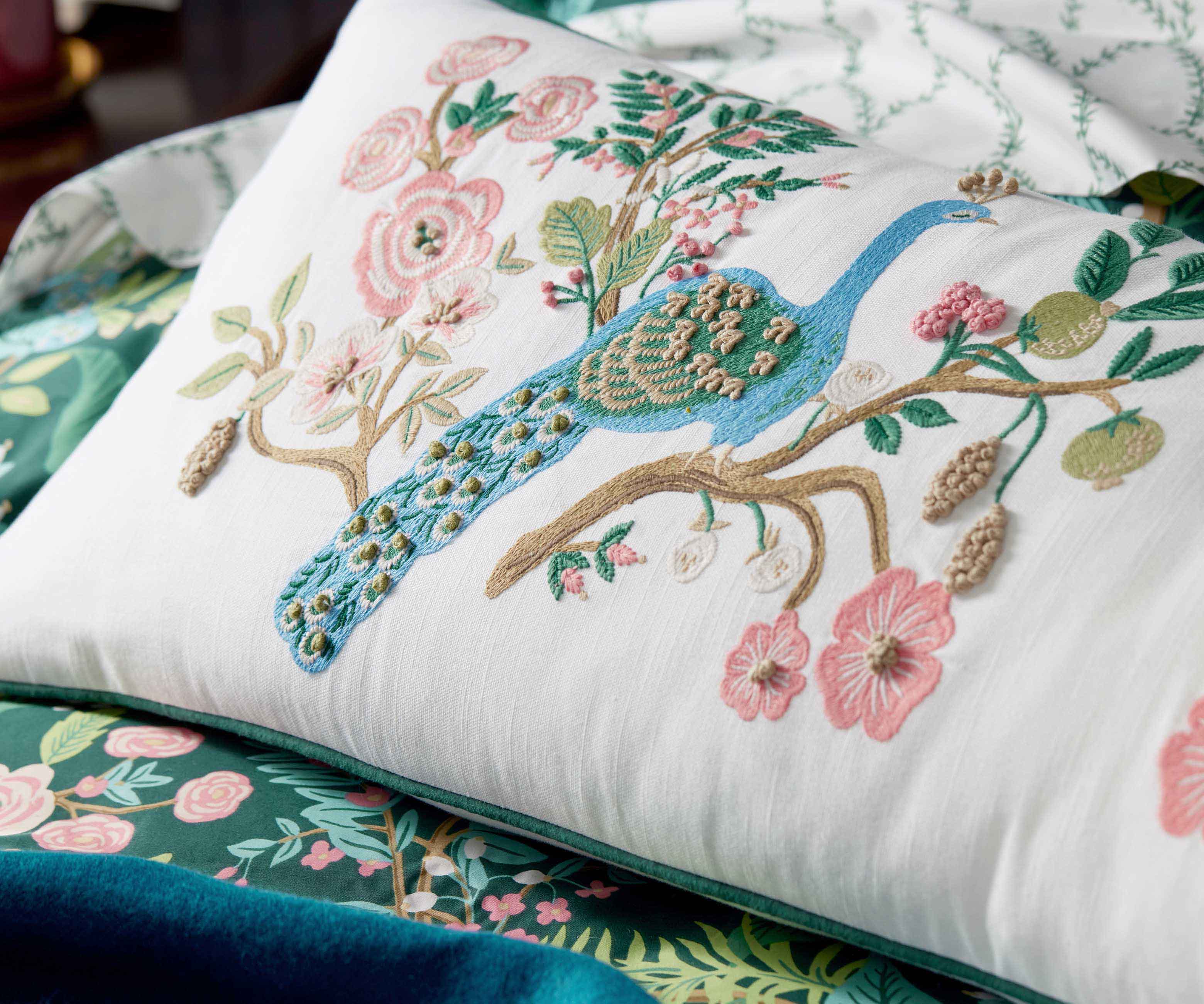 Embroidered Lumbar Pillow Cover - Peacock White - Image 4