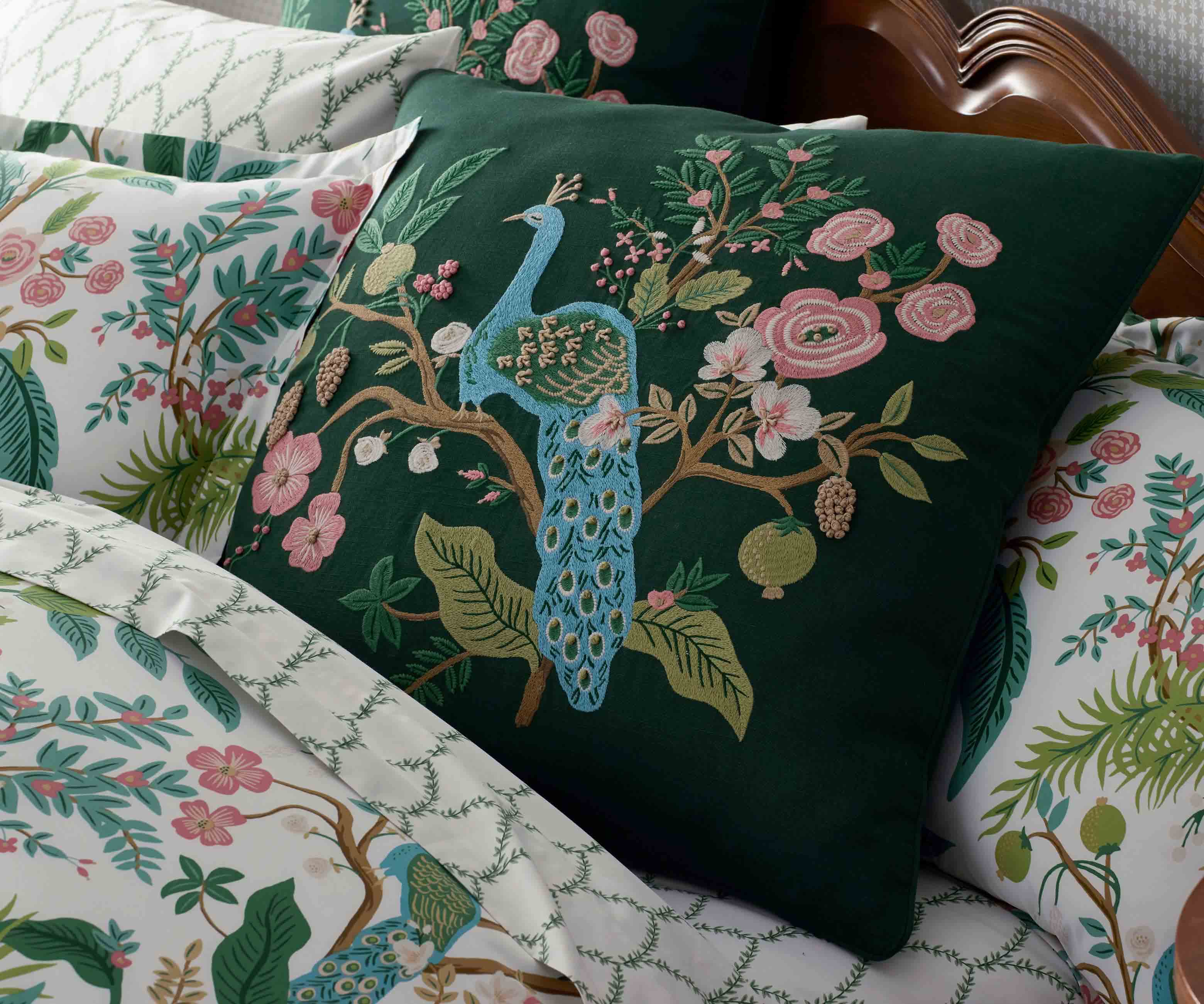 Embroidered Pillow Cover - Peacock Emerald - Image 3
