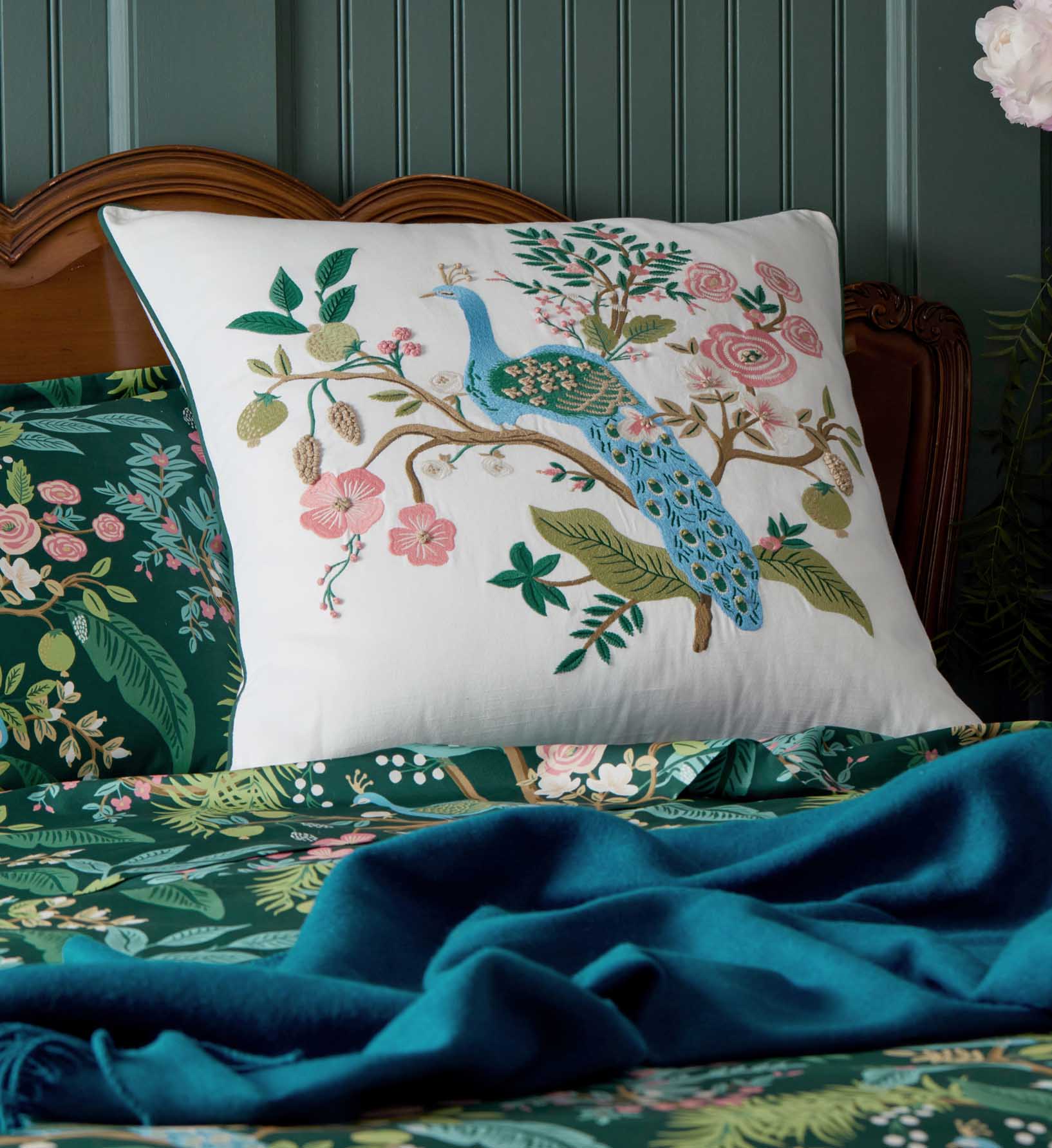 Embroidered Pillow Cover - Peacock White - Image 2