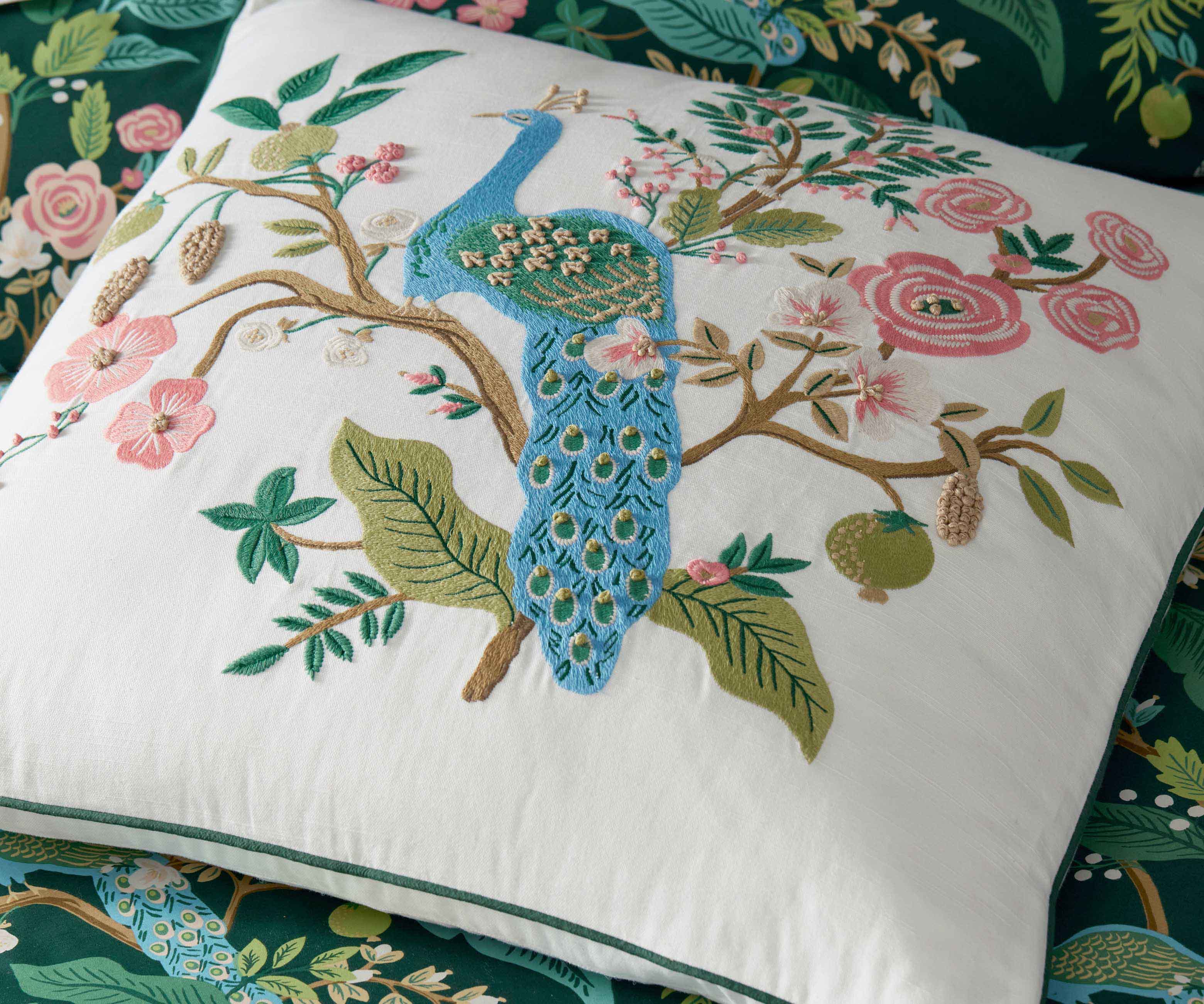 Embroidered Pillow Cover - Peacock White - Image 3