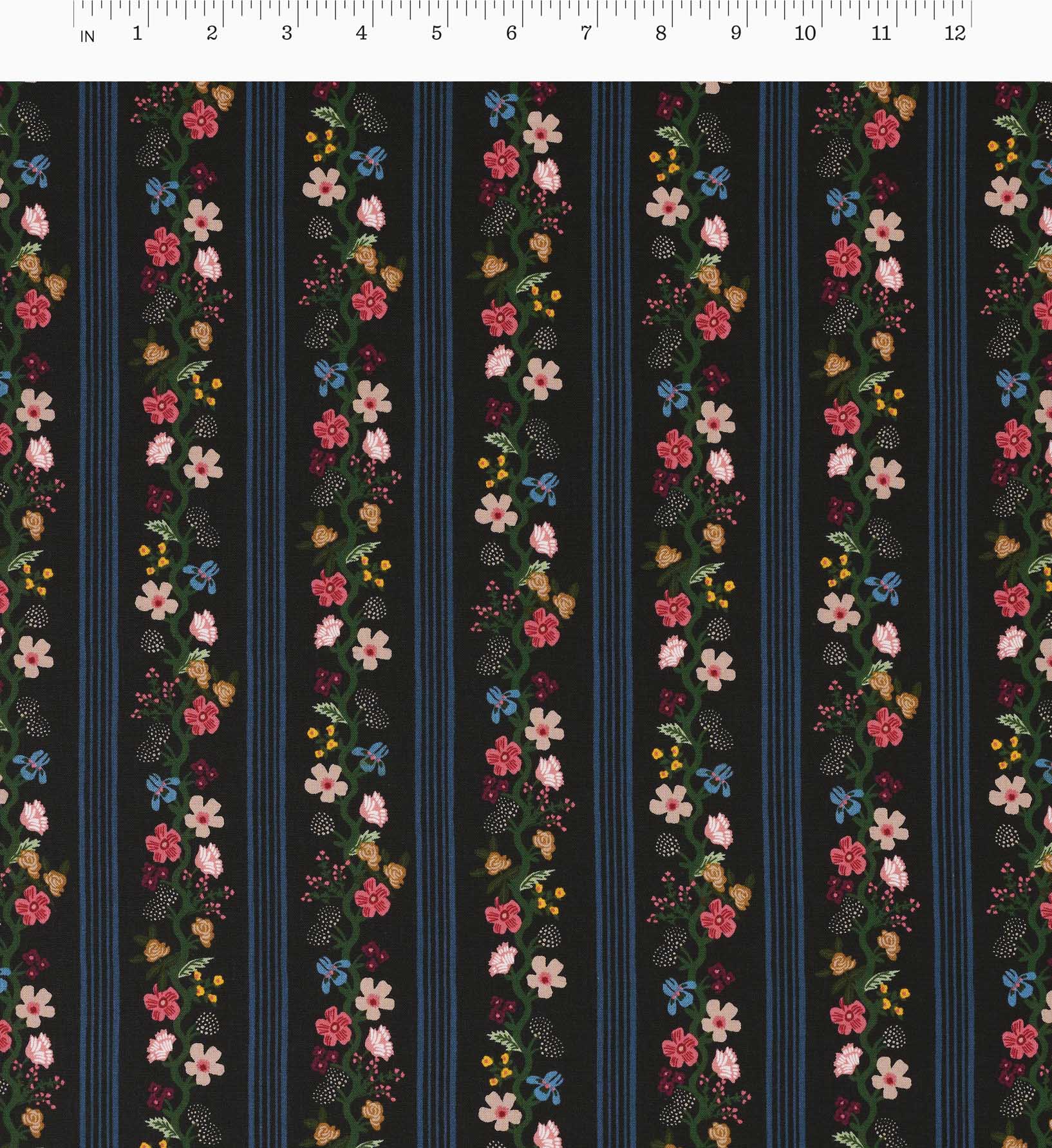 Floral Trellis Stripe Cotton Fabric - Black - Image 2