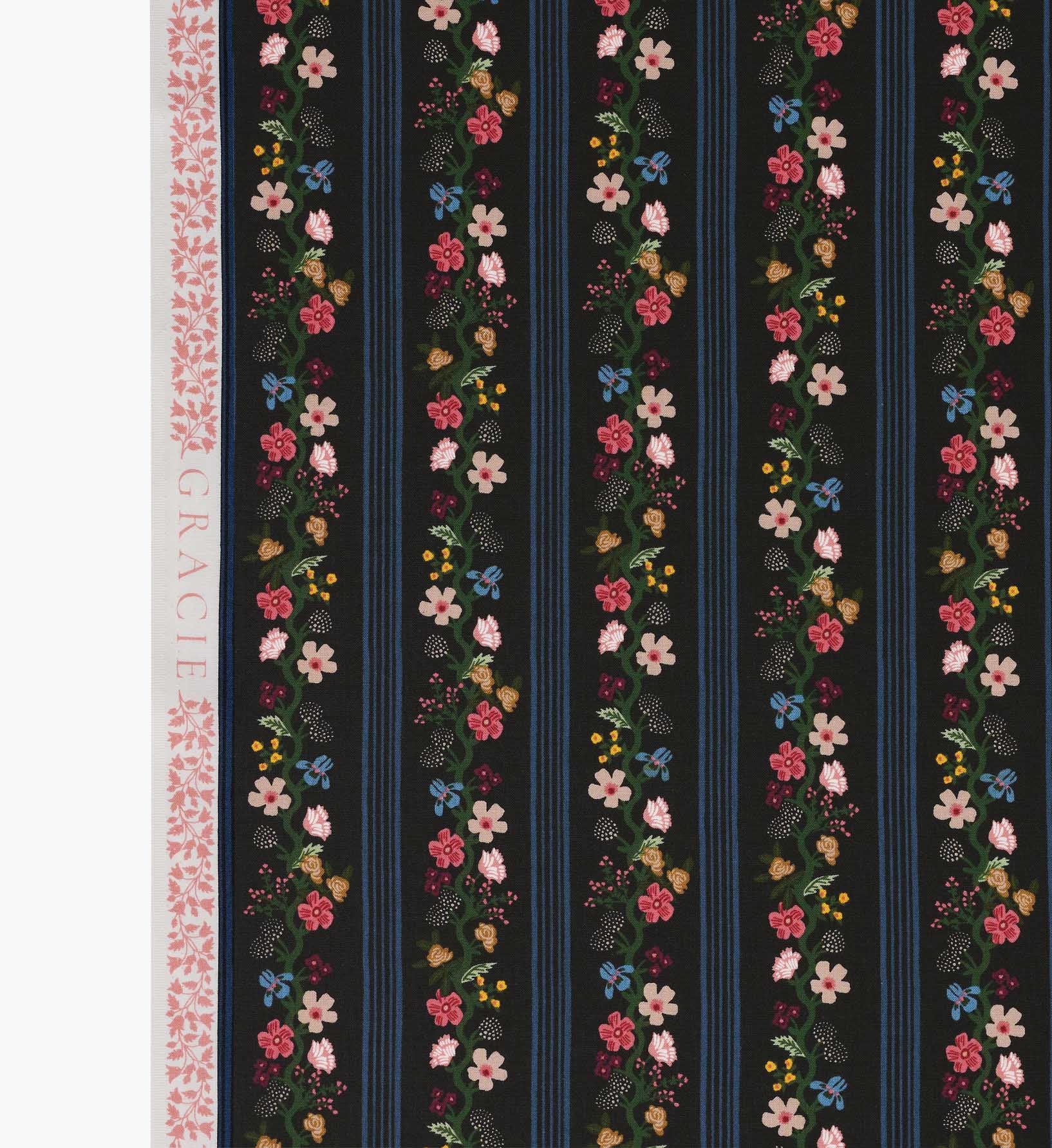 Floral Trellis Stripe Cotton Fabric - Black - Image 3