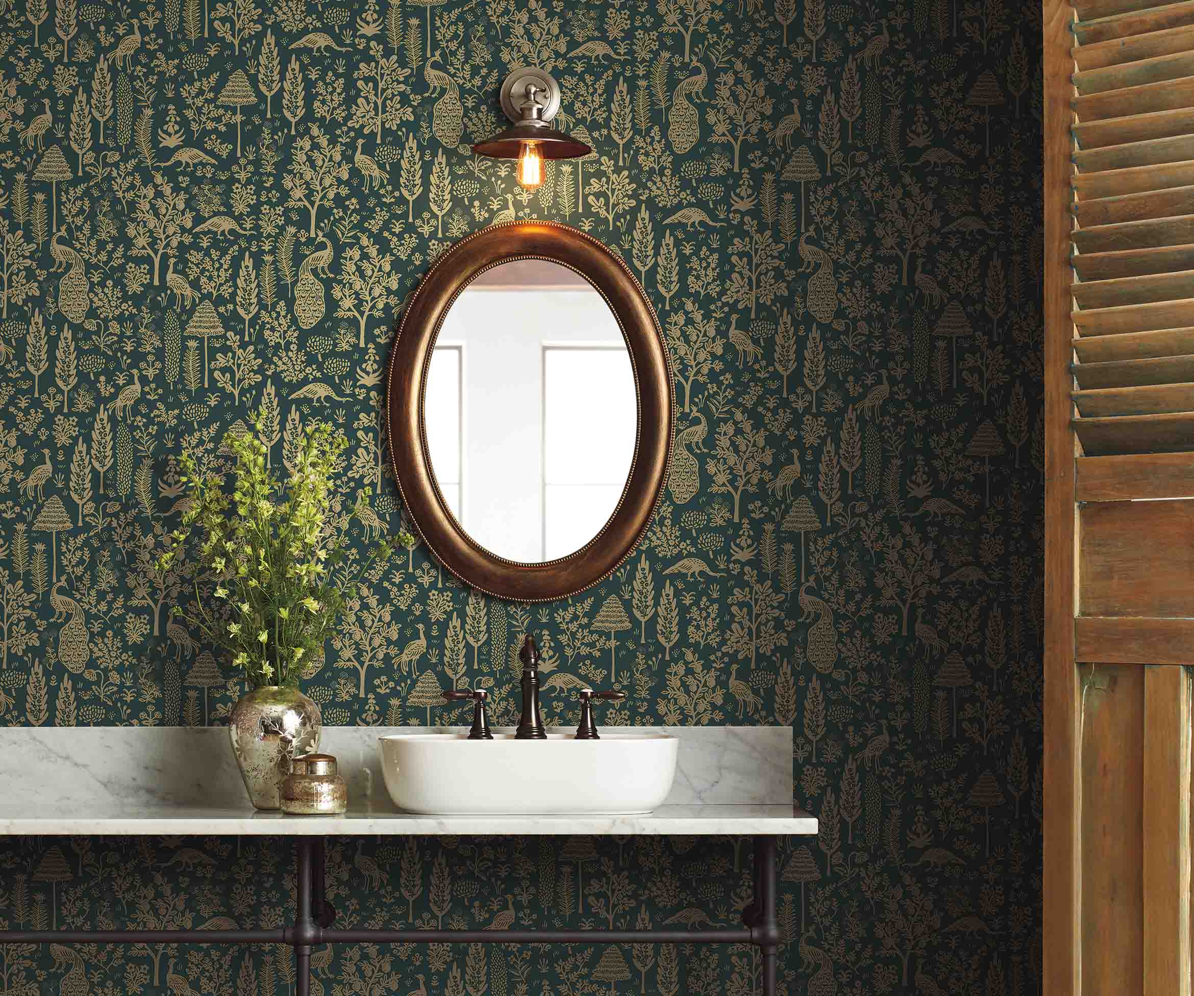Menagerie Toile Wallpaper Sample - Emerald & Metallic Gold - Image 3