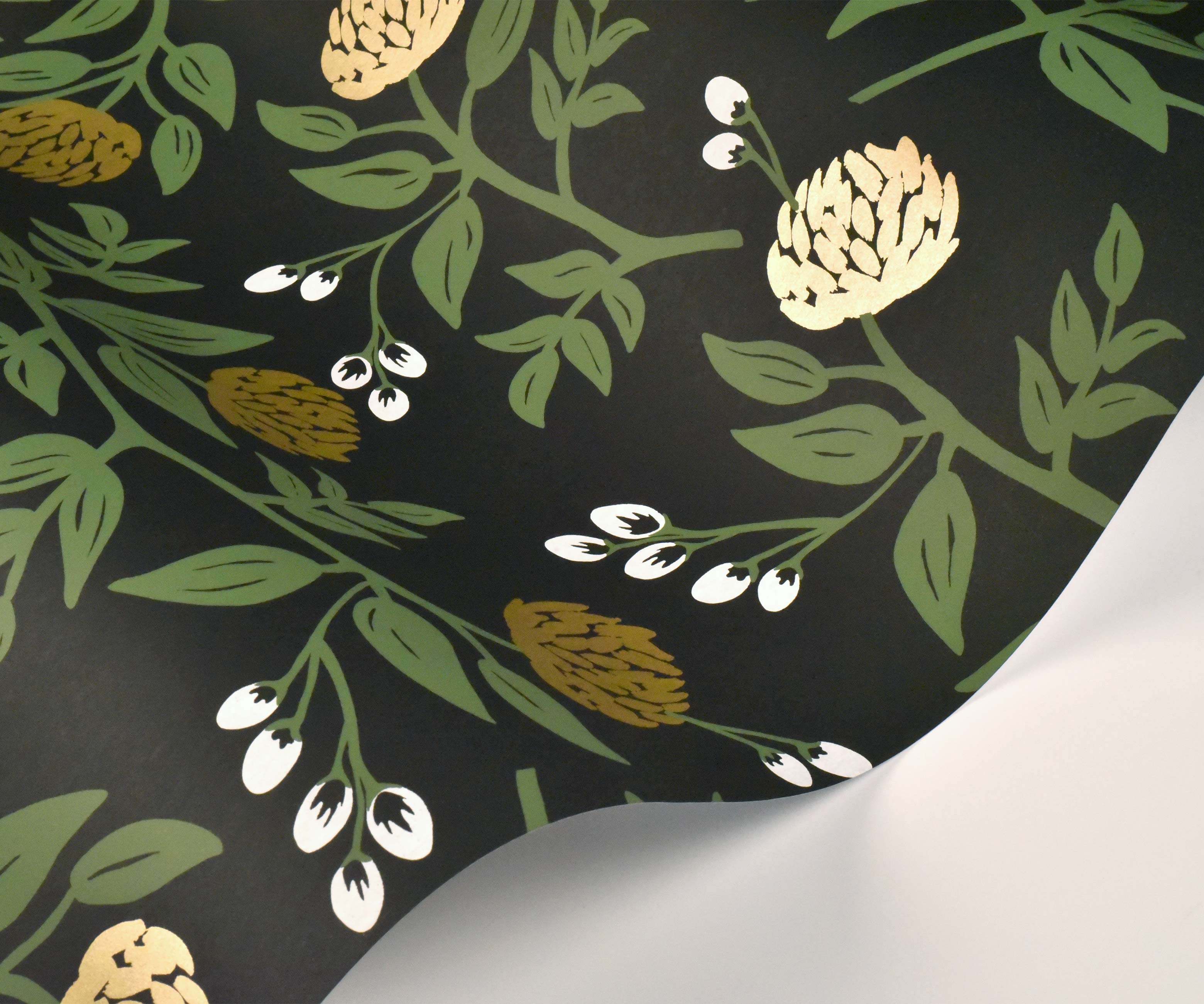 Peonies Wallpaper Sample - Black & Metallic Gold - Image 2