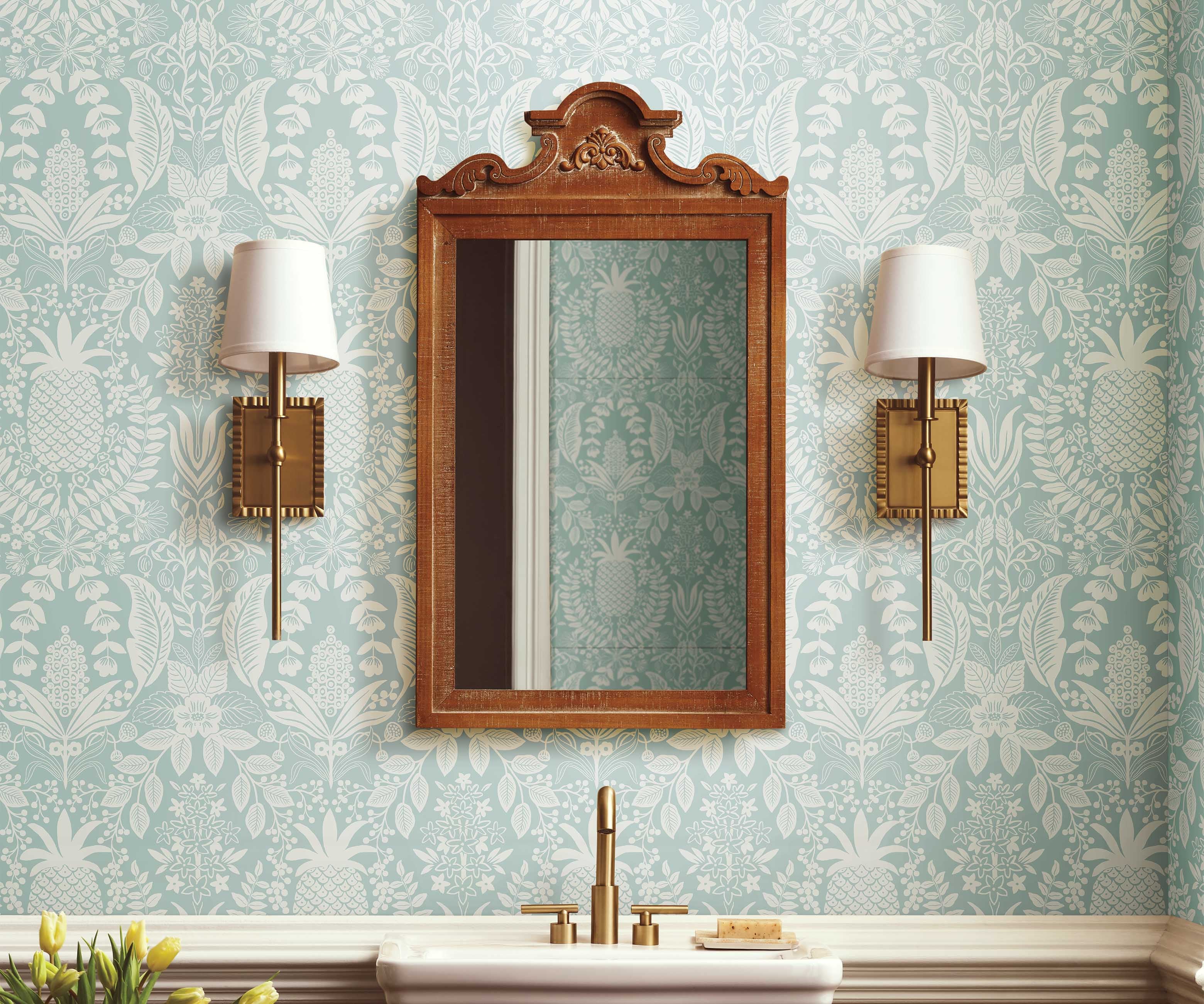 Pineapple Damask Wallpaper Sample - Light Blue - Image 3