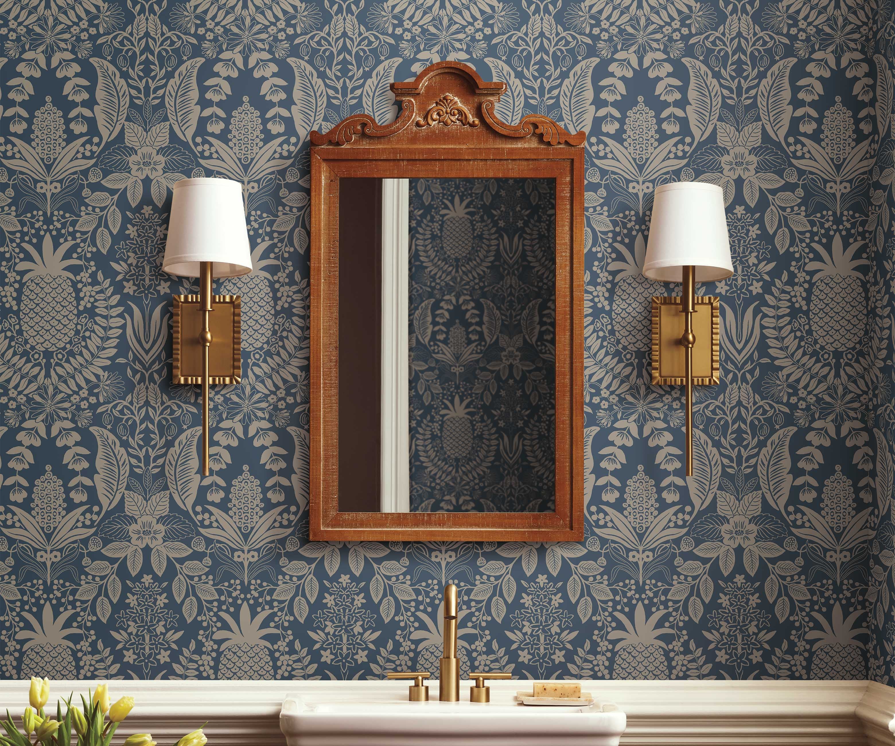 Pineapple Damask Wallpaper Sample - Navy - Image 3