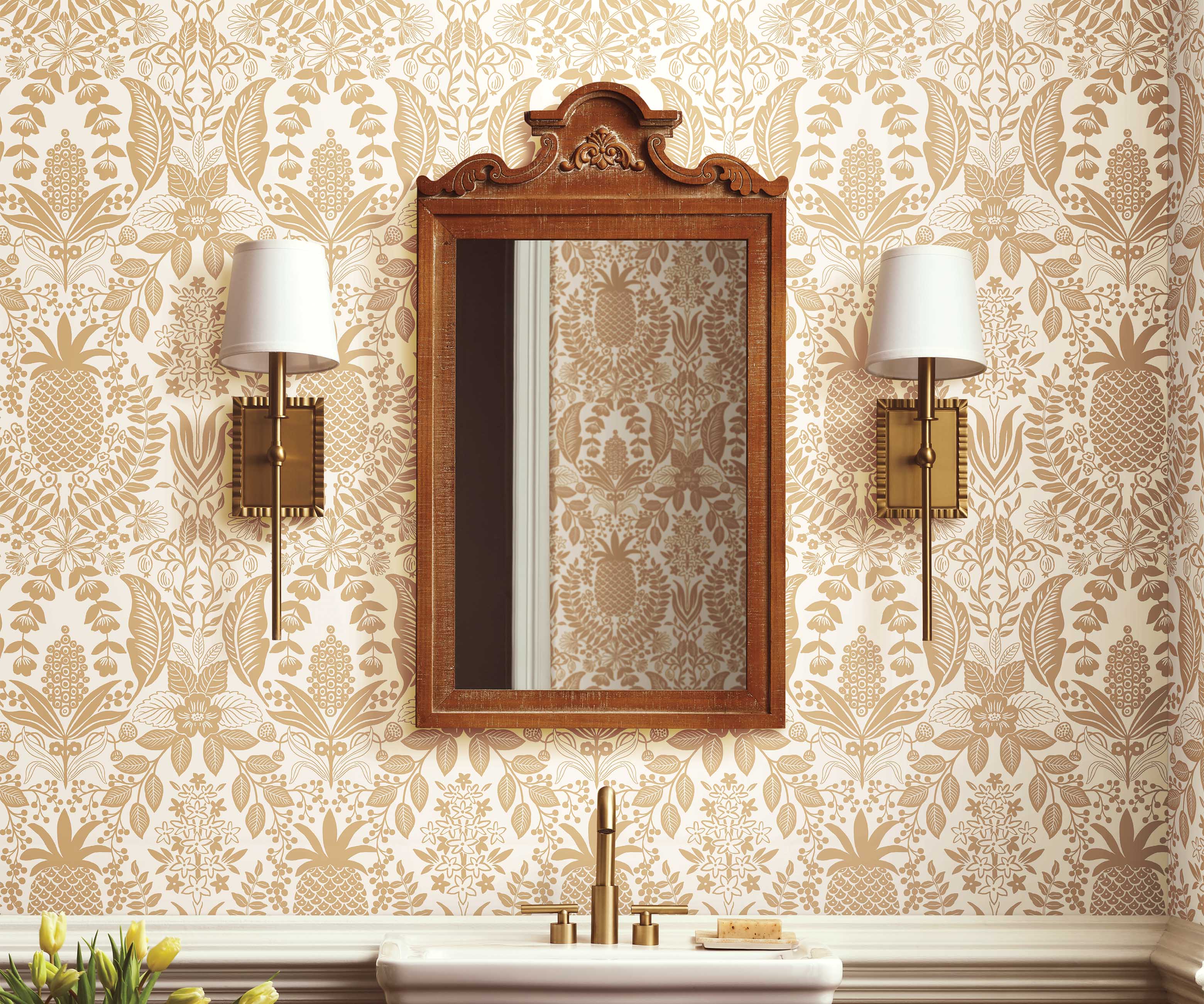Pineapple Damask Wallpaper Sample - White & Metallic Gold - Image 3