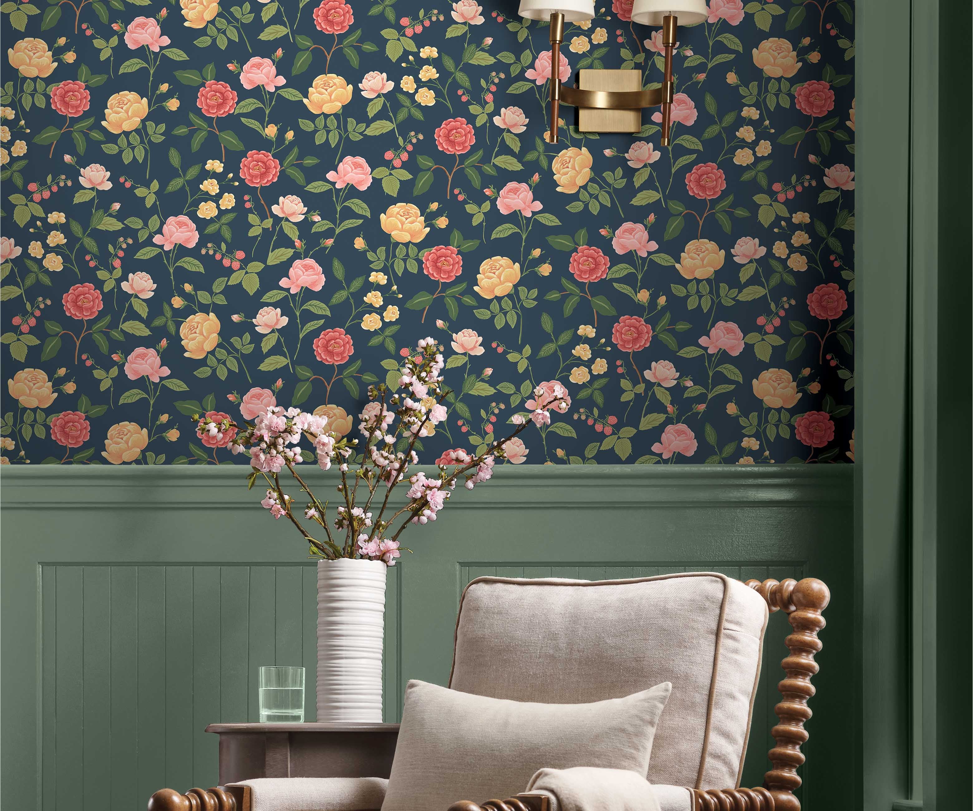 Roses Wallpaper Sample - Navy - Image 3